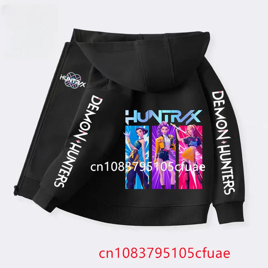 Funny Zip Up Sweatshirts Kpop Demon Hunters Black  Hoodie Children Clothes Kid Girl Boy Sweatshirt Zipper Hoody Baby Casual Top