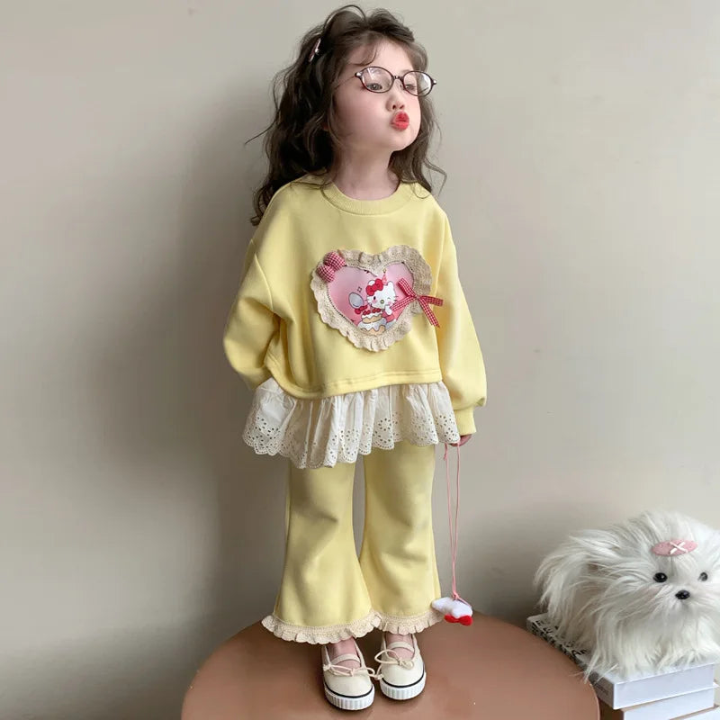 Girl Clothes Set Autumn Kid Sweatshirts Pullover Hello Kitty Top & Bell-bottoms Pants 2pcs Suit Children Sweet Tracksuits Outfit