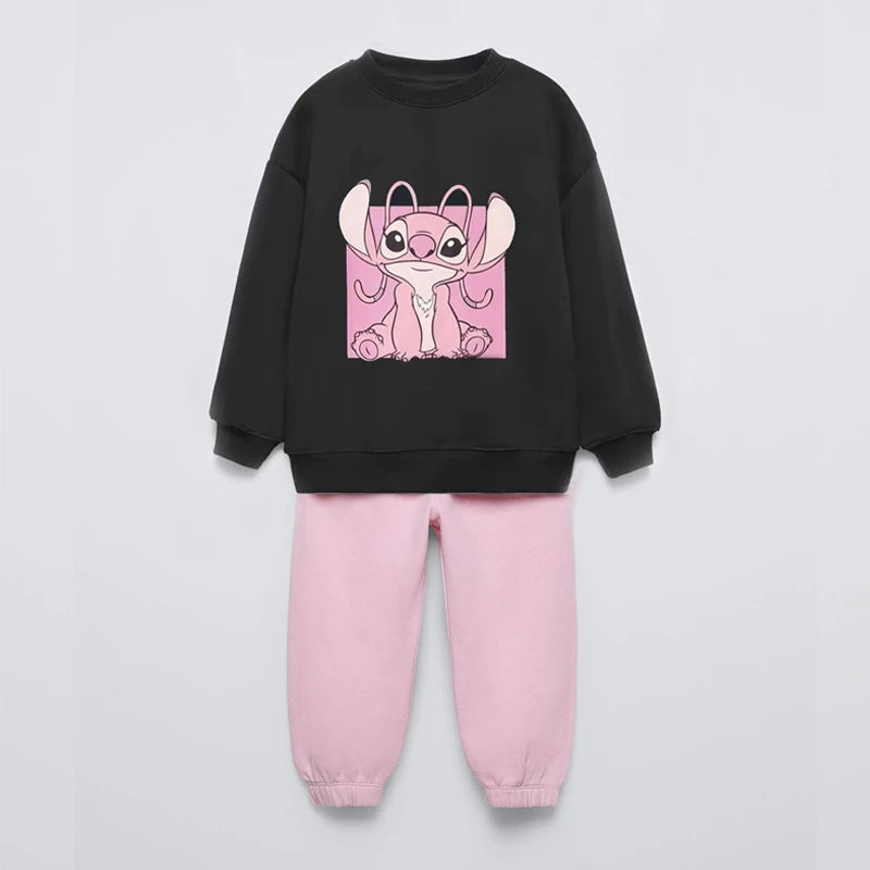 Cartoon Stitch Print Tops+Sweatpants Child Two-piece Baby Girls Thin Loose Clothing Lovely Hoodies Solid Color Pants Outer Wear