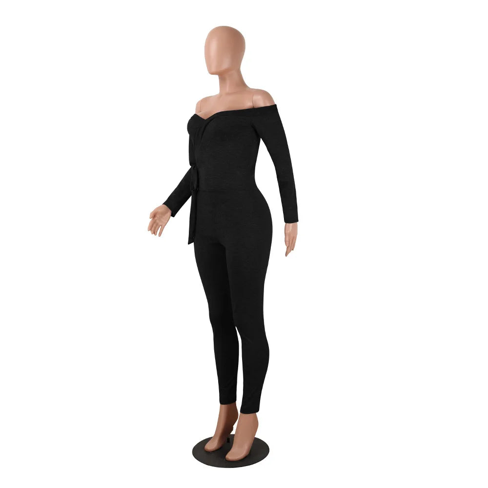 Women's Pants 2024 Spring Fashion Sexy Deep V-Neck Lace Up Off Shoulder Long Sleeved Casual Solid Color Skinny Daily Jumpsuit