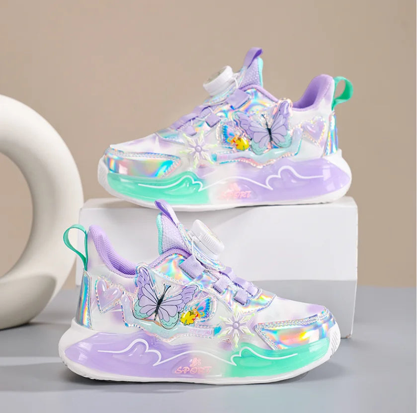 Children's Sneakers 2025 New Girls' Sports Shoes Mesh Breathable Kid's Running Shoes Rotating Buckle Soft Sole Causal Shoes