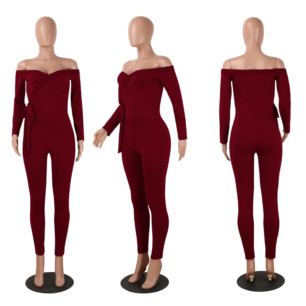 Women's Pants 2024 Spring Fashion Sexy Deep V-Neck Lace Up Off Shoulder Long Sleeved Casual Solid Color Skinny Daily Jumpsuit
