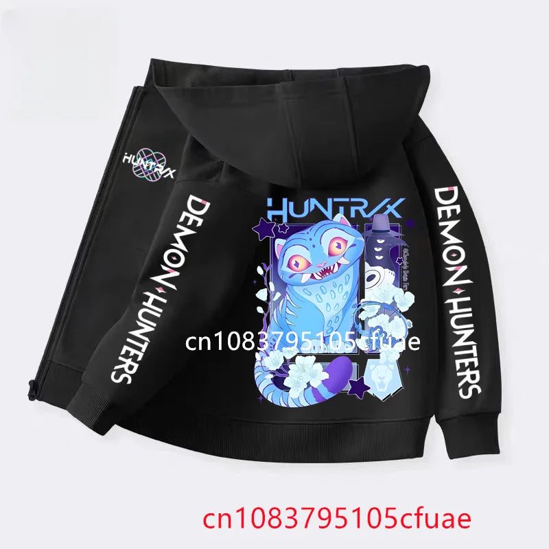 Funny Zip Up Sweatshirts Kpop Demon Hunters Black  Hoodie Children Clothes Kid Girl Boy Sweatshirt Zipper Hoody Baby Casual Top