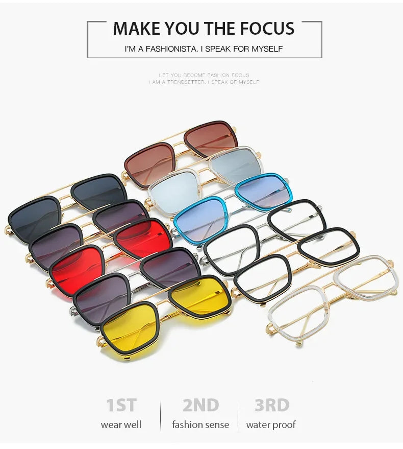 Sun Glasses Fashion Square frame Tony Stark Style Women Sunglasses Men Square Brand Design Sun Glasses Oculos Retro Male Iron