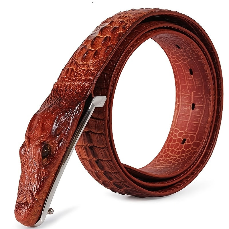 1pc Crocodile Head Belt Men's Leather Cowhide Crocodile Pattern Belt Casual Personality New Smooth Buckle Trouser Belt For Social Youth, Ideal choice for Gifts