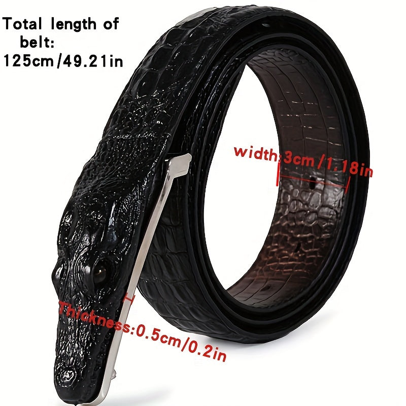 1pc Crocodile Head Belt Men's Leather Cowhide Crocodile Pattern Belt Casual Personality New Smooth Buckle Trouser Belt For Social Youth, Ideal choice for Gifts