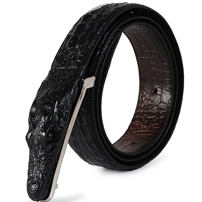 1pc Crocodile Head Belt Men's Leather Cowhide Crocodile Pattern Belt Casual Personality New Smooth Buckle Trouser Belt For Social Youth, Ideal choice for Gifts