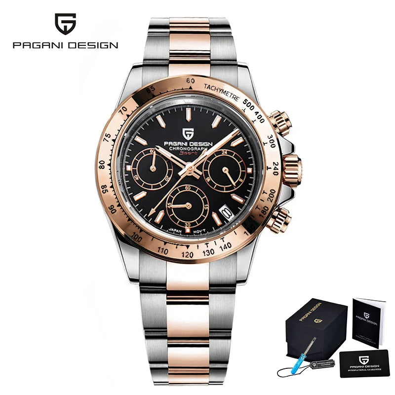 PAGANI DESIGN 2025 NEW Ice Blue Dial Mens Watches Luxury Rose Gold Quartz Watch For Men Sport Chronograph Sapphire crystal Watch
