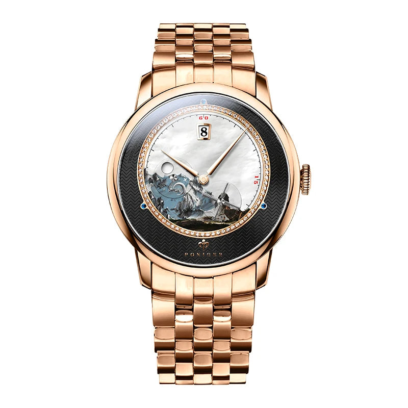 PONIGER Luxury Men's Watch Japanese Automatic Movement Landscape Painting Design Stainless Steel Waterproof Multifunction Clock