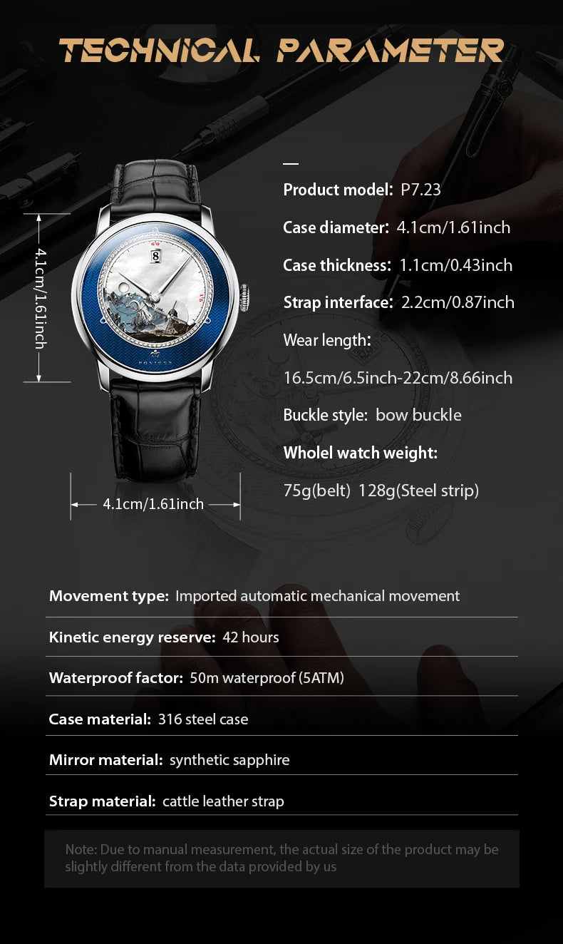 PONIGER Luxury Men's Watch Japanese Automatic Movement Landscape Painting Design Stainless Steel Waterproof Multifunction Clock