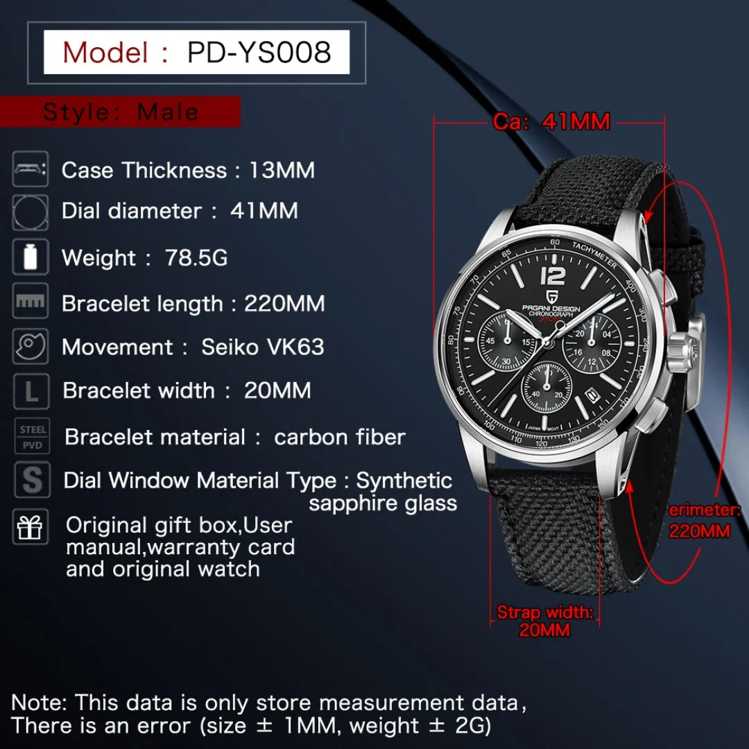 PAGANI DESIGN 2024 New Luxury Fashion Casual Men Quartz Watches VK63 100M Water Resistant Sapphire Glass Stainless Steel Watches