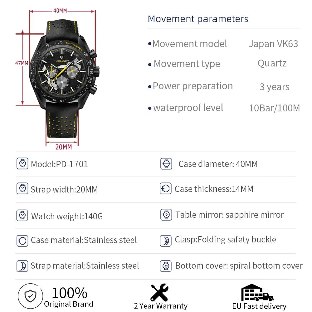 PAGANI DESIGN New 2024 Quartz Men's Watches Moon Top brand Luxury Watch Men Skeleton Sport Chronograph AR Sapphire Wrist Watch