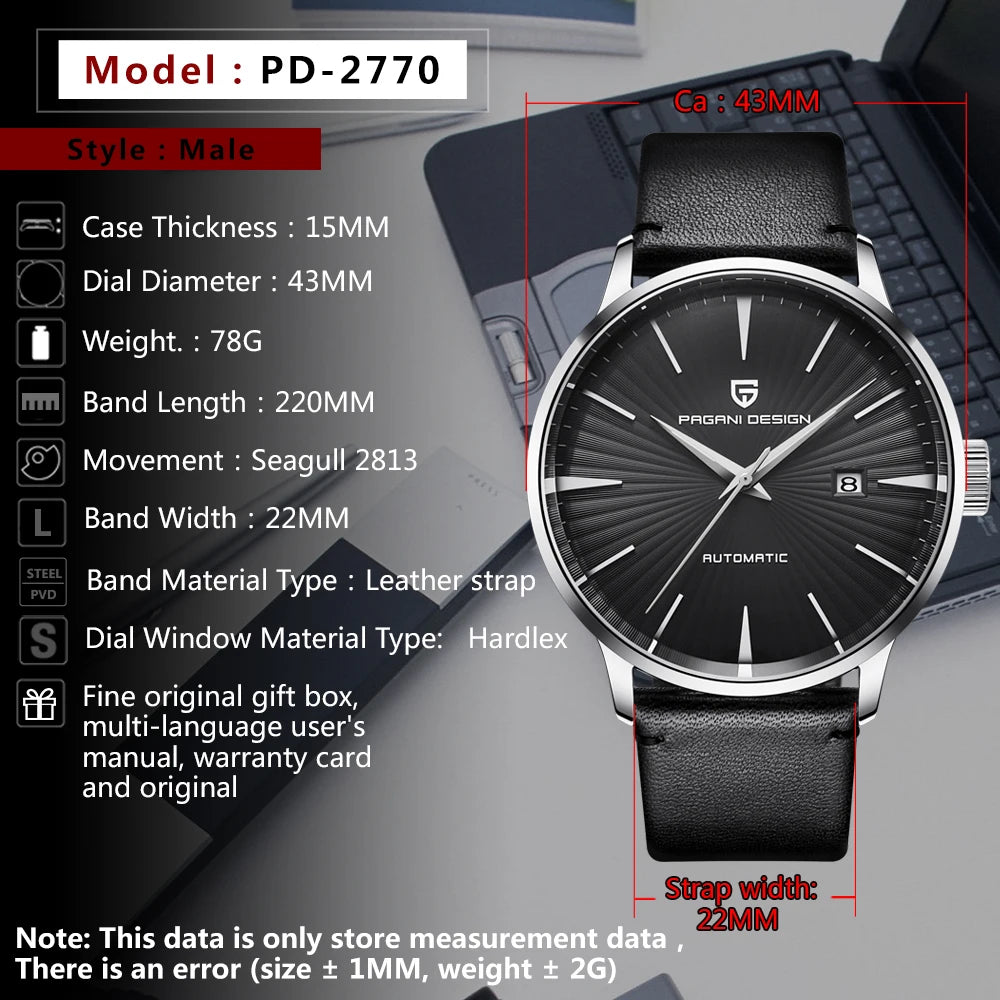 PAGANI DESIGN watch men's luxury retro mechanical watch men's watch gift box leather stainless steel waterproof case men's watch