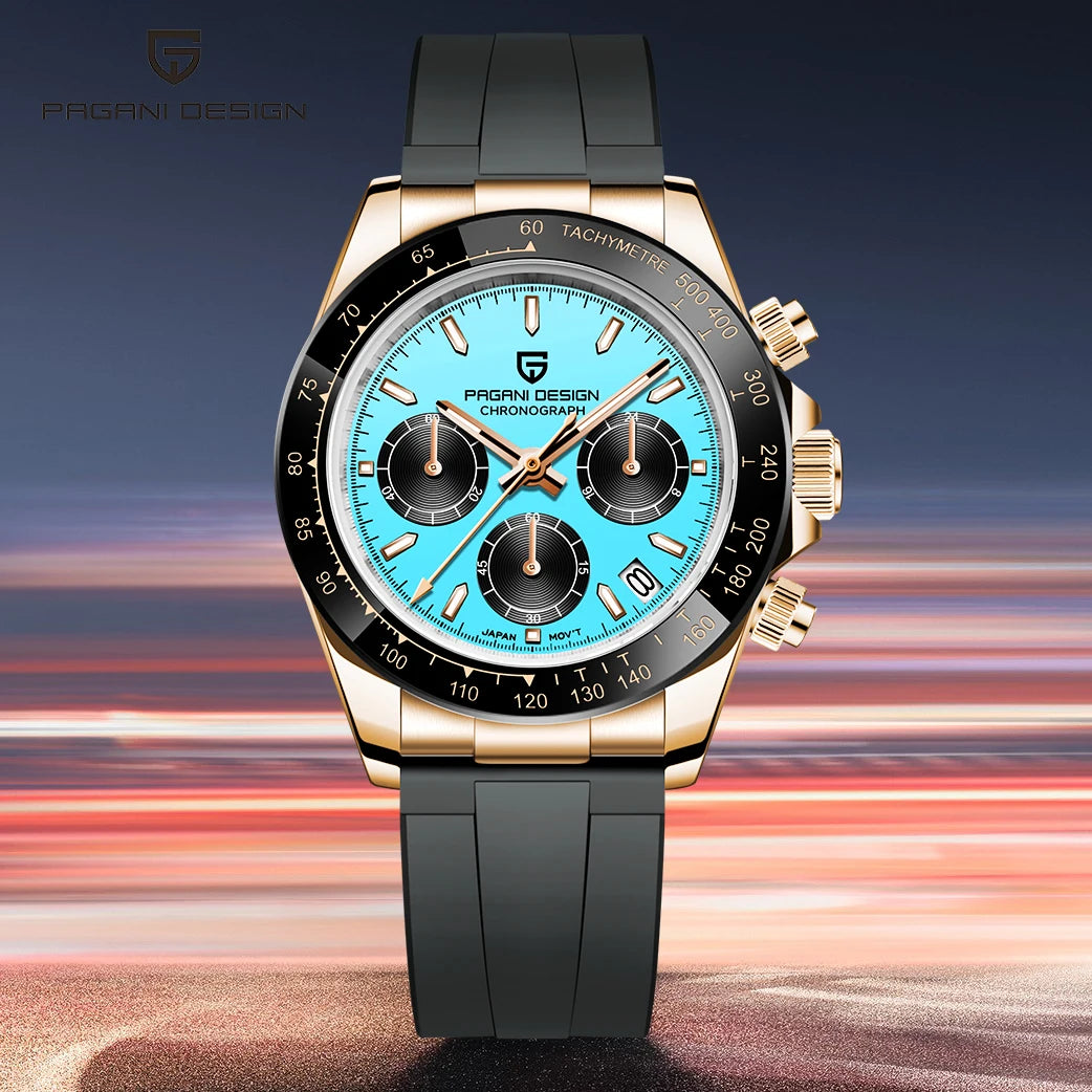 PAGANI DESIGN 2025 NEW Ice Blue Dial Mens Watches Luxury Rose Gold Quartz Watch For Men Sport Chronograph Sapphire crystal Watch