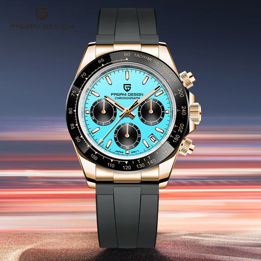 PAGANI DESIGN 2025 NEW Ice Blue Dial Mens Watches Luxury Rose Gold Quartz Watch For Men Sport Chronograph Sapphire crystal Watch