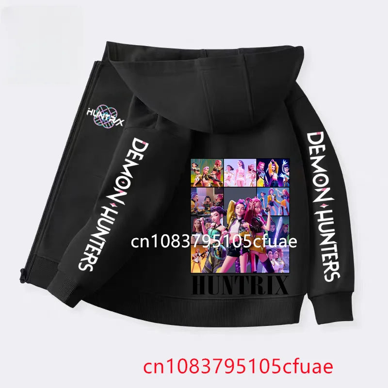 Funny Zip Up Sweatshirts Kpop Demon Hunters Black  Hoodie Children Clothes Kid Girl Boy Sweatshirt Zipper Hoody Baby Casual Top