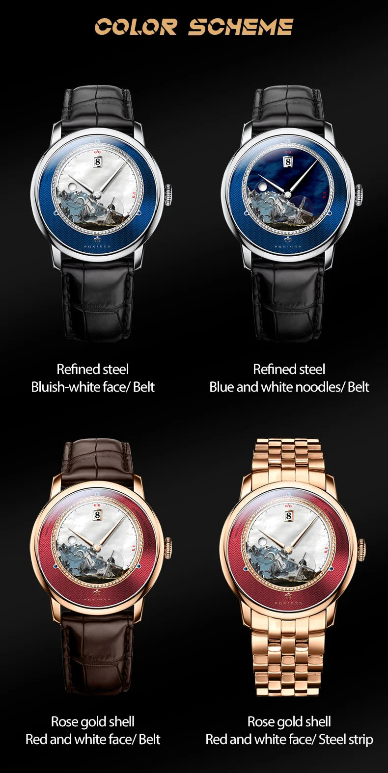 PONIGER Luxury Men's Watch Japanese Automatic Movement Landscape Painting Design Stainless Steel Waterproof Multifunction Clock