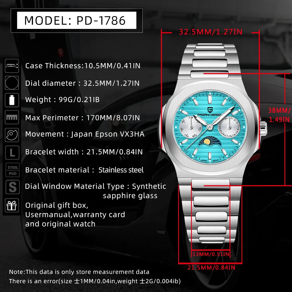 PAGANI DESIGN 2025 New Luxury Quartz Watches For Men Multifunctional Chronograph Moon phase Automatic Date Week Wristwatch Women