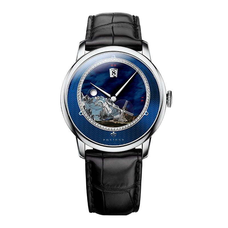 PONIGER Luxury Men's Watch Japanese Automatic Movement Landscape Painting Design Stainless Steel Waterproof Multifunction Clock