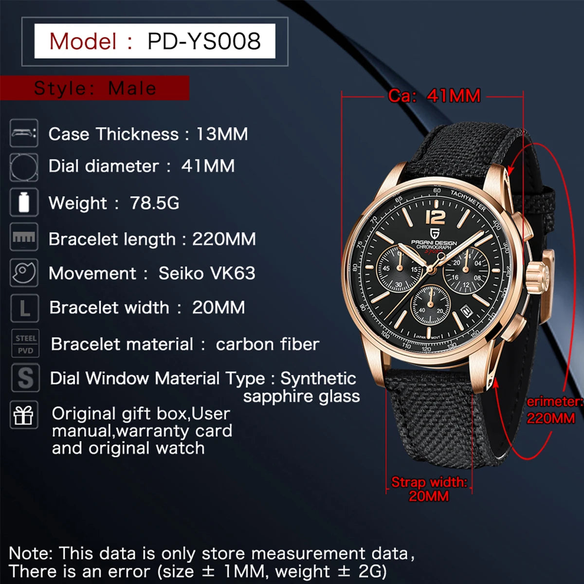 Pagani Design's new 41mm men's multifunctional quartz watch, sapphire crystal chronograph, VK63 men's watch