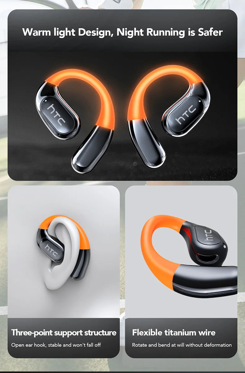【HTC NE27】 Bluetooth Earphones AI OWS Sports Headphones LCD Screen Wireless Headphones Glowing Earhook Translator Earbuds