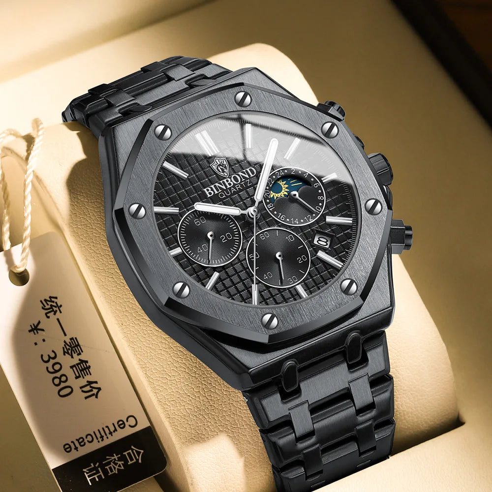 BINBONG B0161 Top Brand Man Business Quartz Watch Chronograph Wristwatch Stainless Steel Strap 30M Waterproof Luxury Men Watch