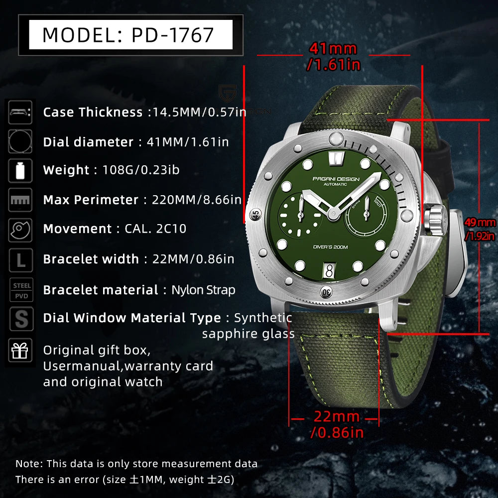 PAGANI DESIGN Mechanical Wristwatches Brand CAL.2C10 watches Sapphire Glass AR coating 200M Waterproof Chrono Clock reloj hombre