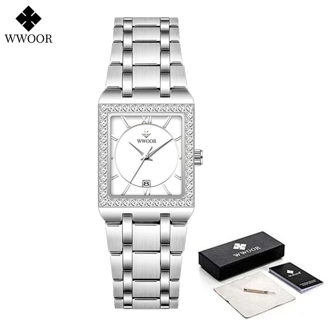 WWOOR Reloj New Fashion Ladies Diamond Watch Top Brand Luxury Square Wrist Watch Simple Women Dress Small Watch Relogio Feminino