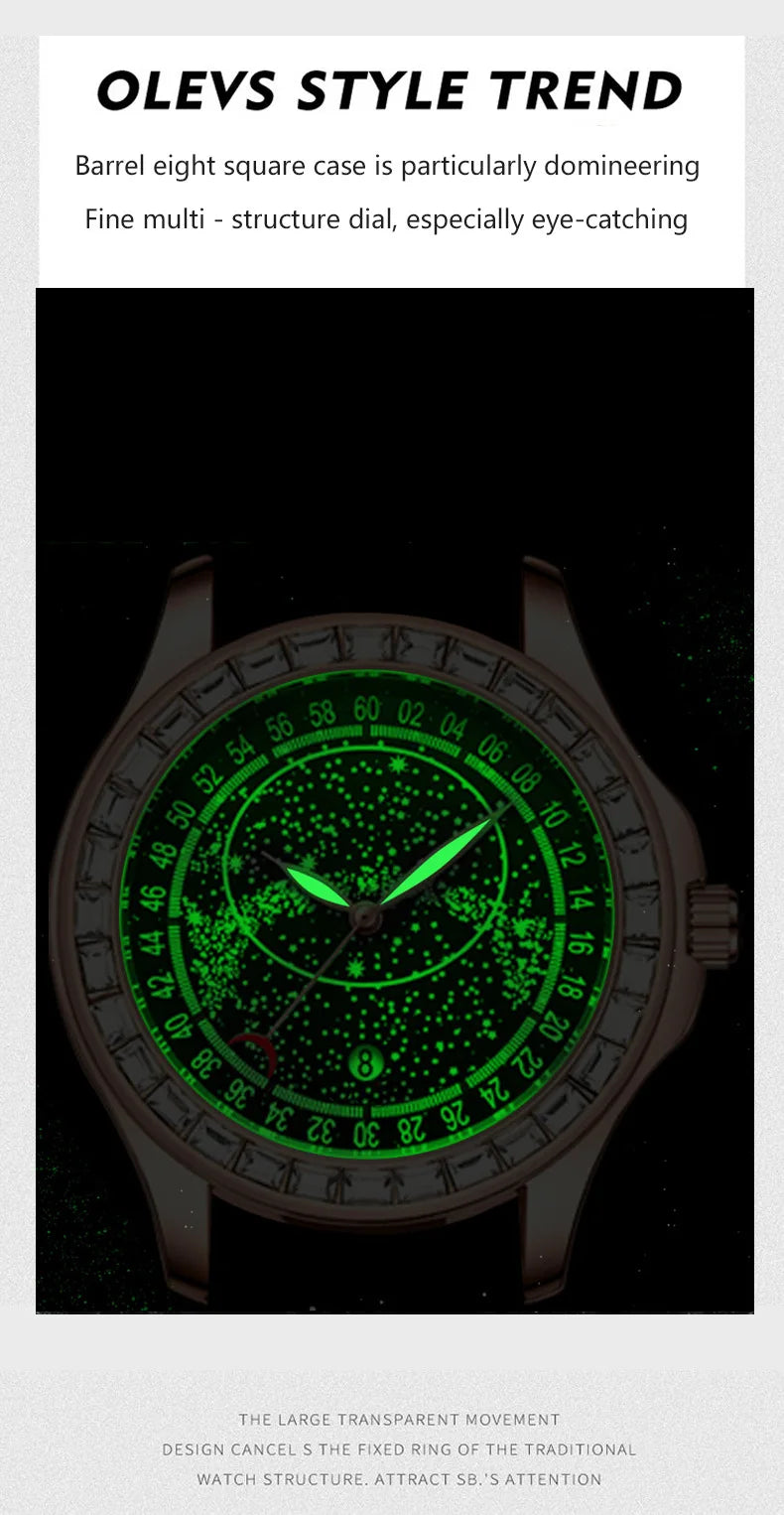 Casuals Man Watch Black Leather Strap Fashion Quartz Wristwatch Waterproof Luminous Starry Sky Dial Moon Pointer Reloj Hombre