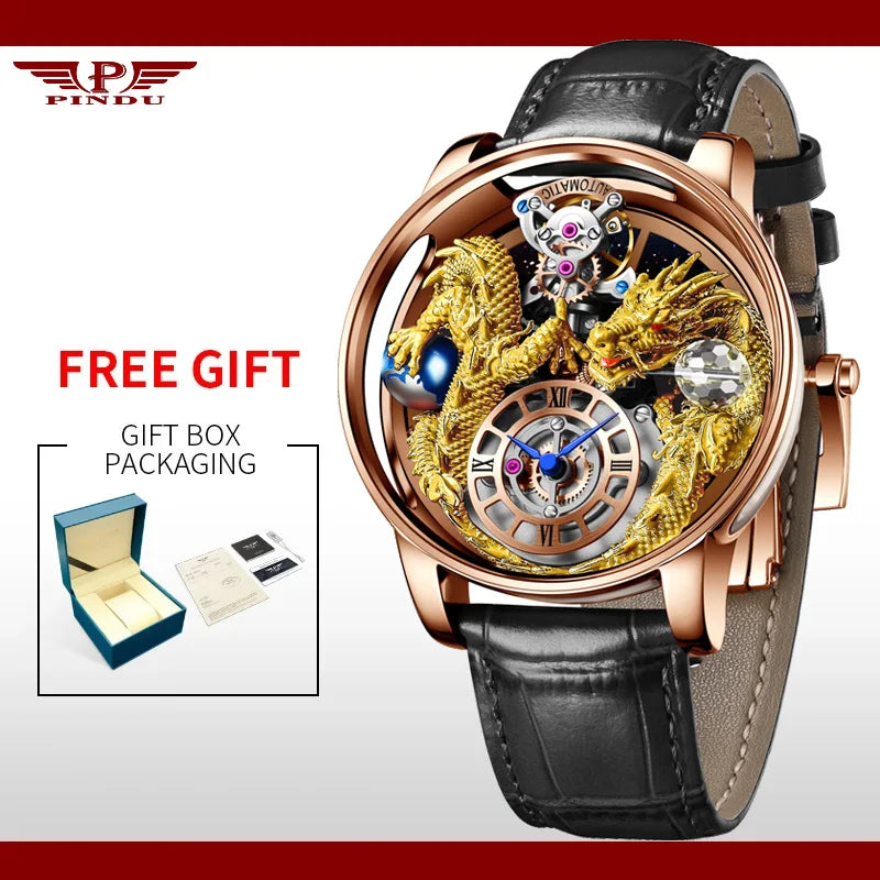 PINDU New Watchmakings House of Dragons Astronomia Art 3D Gold Dragon Astronomia Quartz Watch Men Astronomia Solar Montre Homme