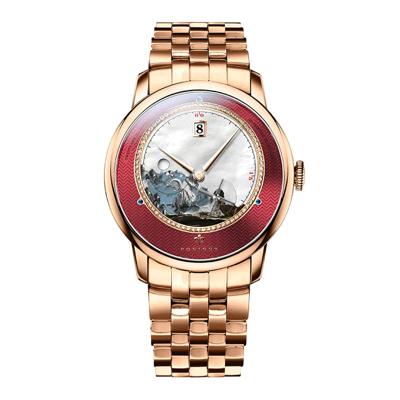 PONIGER Luxury Men's Watch Japanese Automatic Movement Landscape Painting Design Stainless Steel Waterproof Multifunction Clock