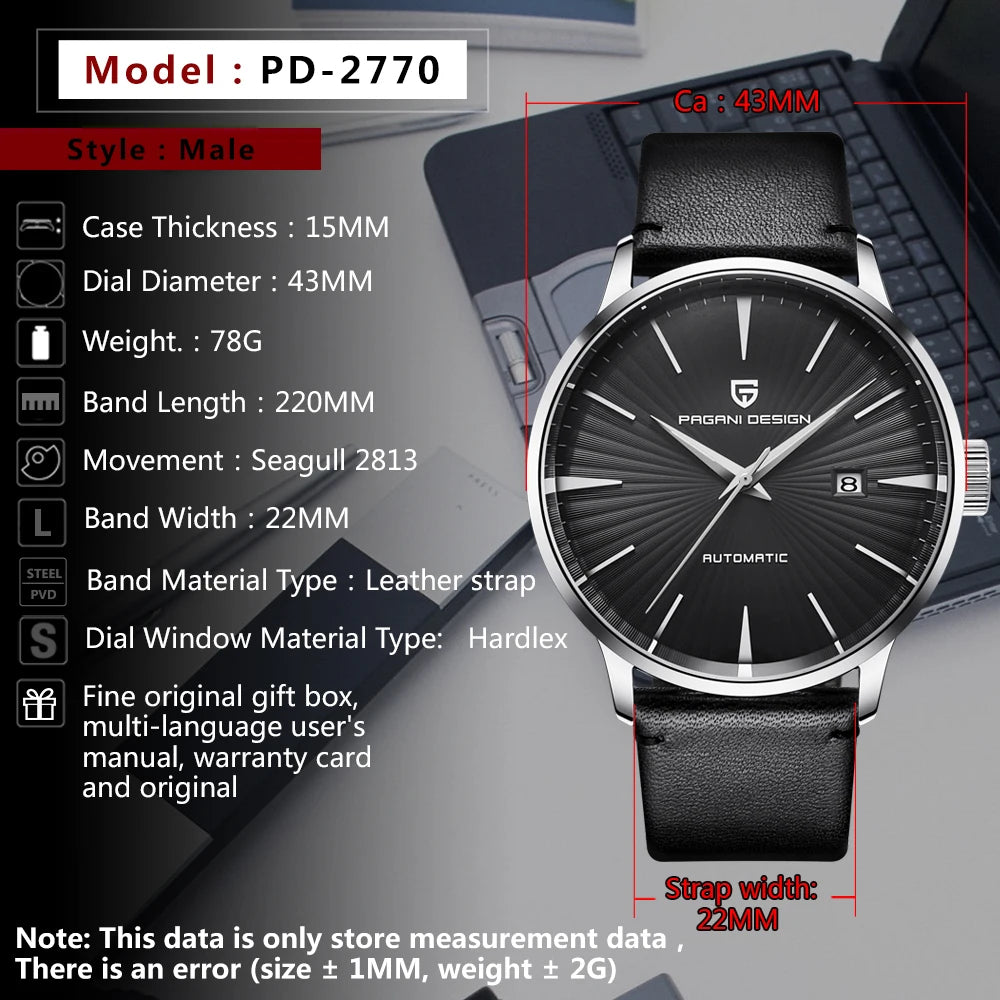 PAGANI DESIGN watch men's luxury retro mechanical watch men's watch gift box leather stainless steel waterproof case men's watch