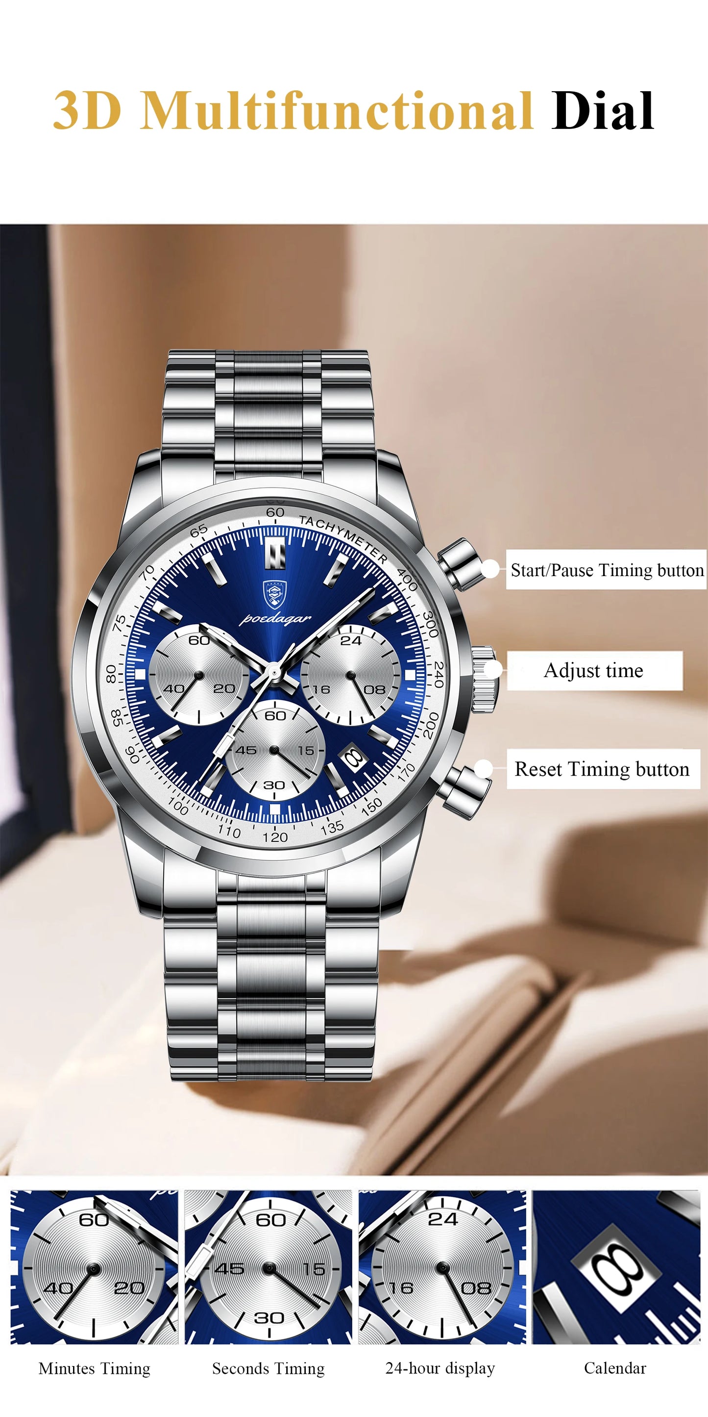 POEDAGAR Top Brand Luxury Man Watches Waterproof Luminous Date Chronograph Men's Quartz Watch Stainless Steel Sports Men Watch