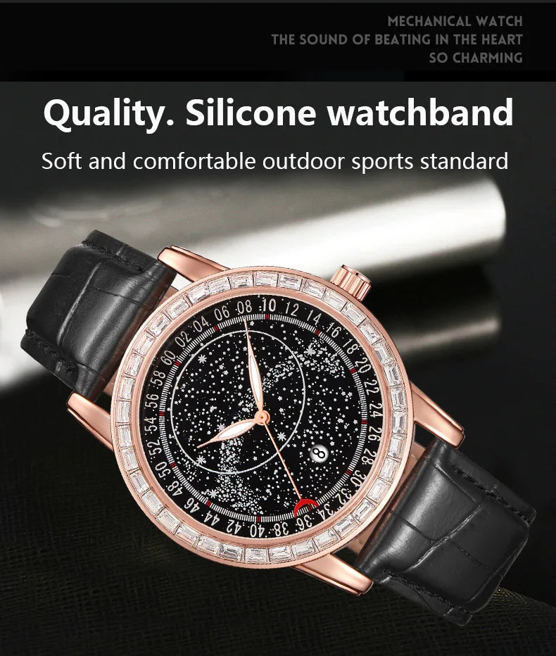 Casuals Man Watch Black Leather Strap Fashion Quartz Wristwatch Waterproof Luminous Starry Sky Dial Moon Pointer Reloj Hombre