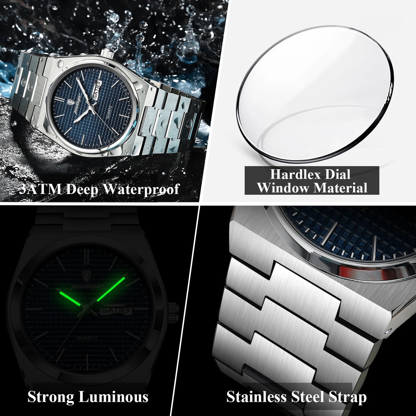 POEDAGAR Top Luxury Man Watch Waterproof Stainless Steel Men Wristwatch Luminous Date Week Fashion Business Quartz Men's Watches