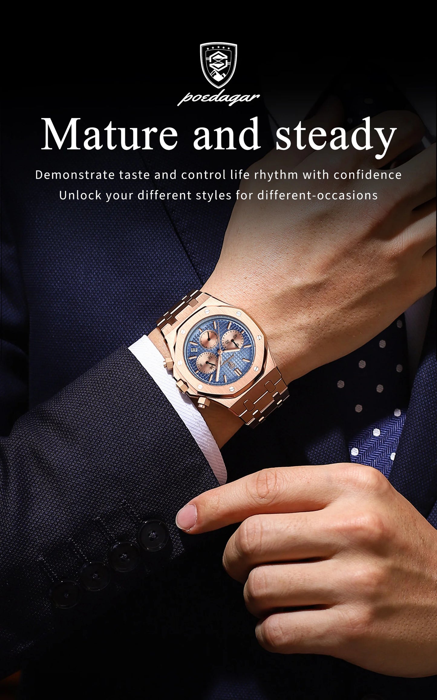 POEDAGAR Original Luxury Men's Watches Date Chronograph Stainless Steel Quartz Watch Waterproof Luminous Fashion Man Wristwatch