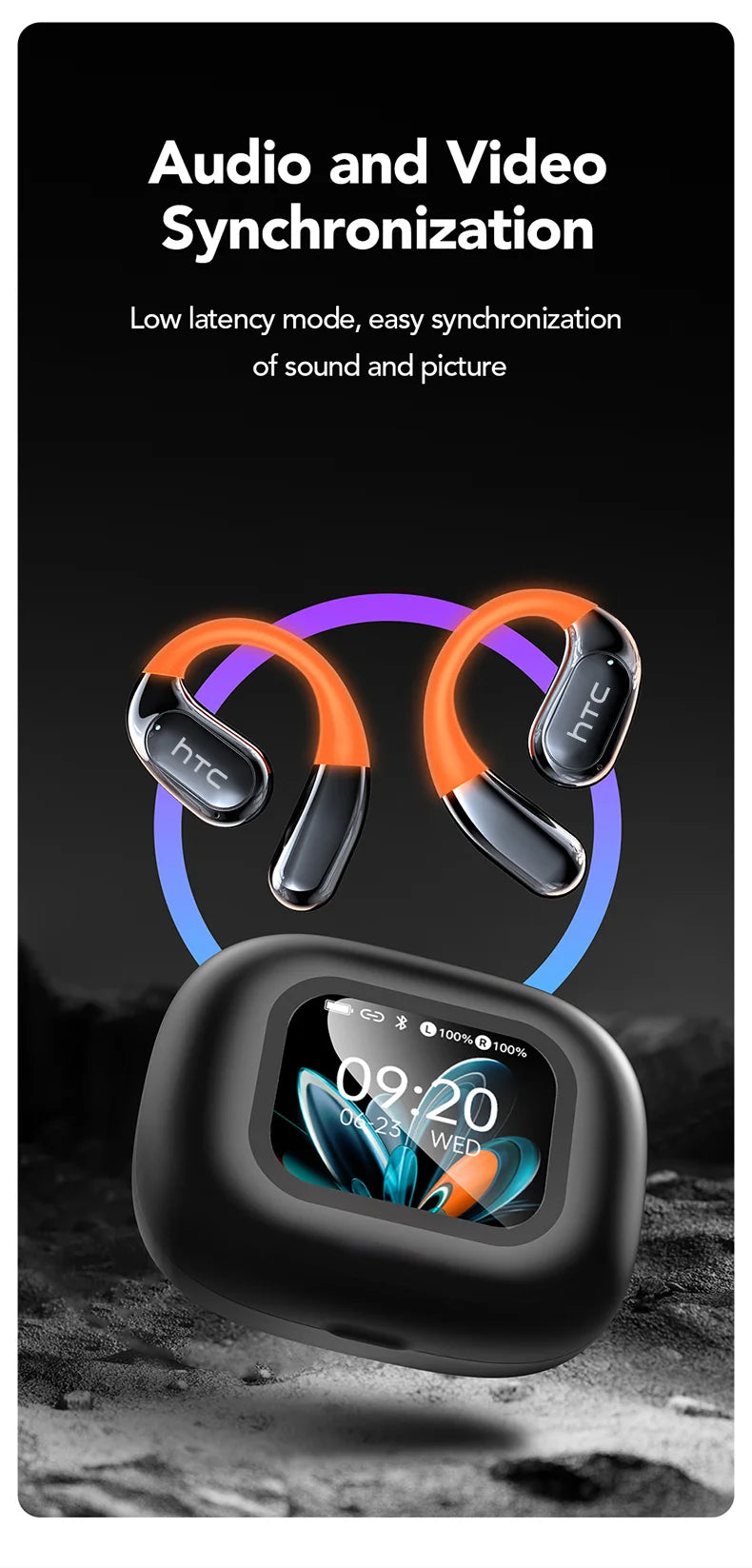 【HTC NE27】 Bluetooth Earphones AI OWS Sports Headphones LCD Screen Wireless Headphones Glowing Earhook Translator Earbuds