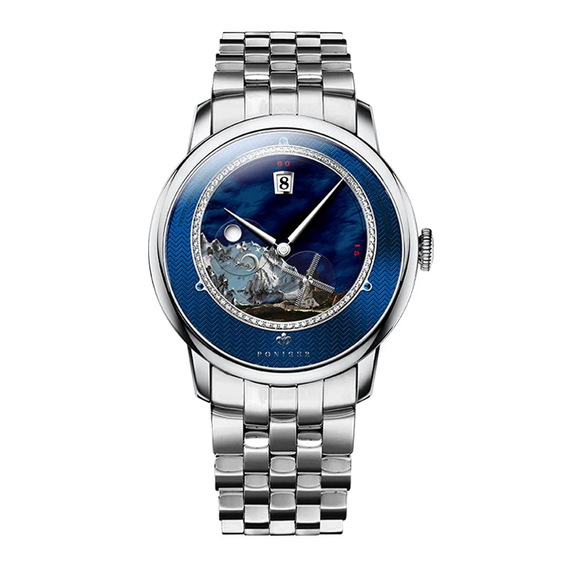 PONIGER Luxury Men's Watch Japanese Automatic Movement Landscape Painting Design Stainless Steel Waterproof Multifunction Clock