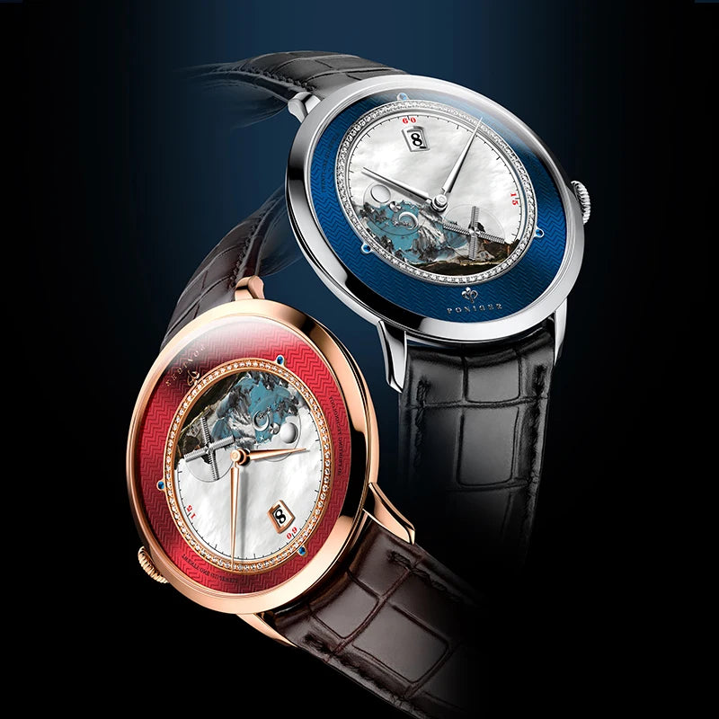 PONIGER Luxury Men's Watch Japanese Automatic Movement Landscape Painting Design Stainless Steel Waterproof Multifunction Clock