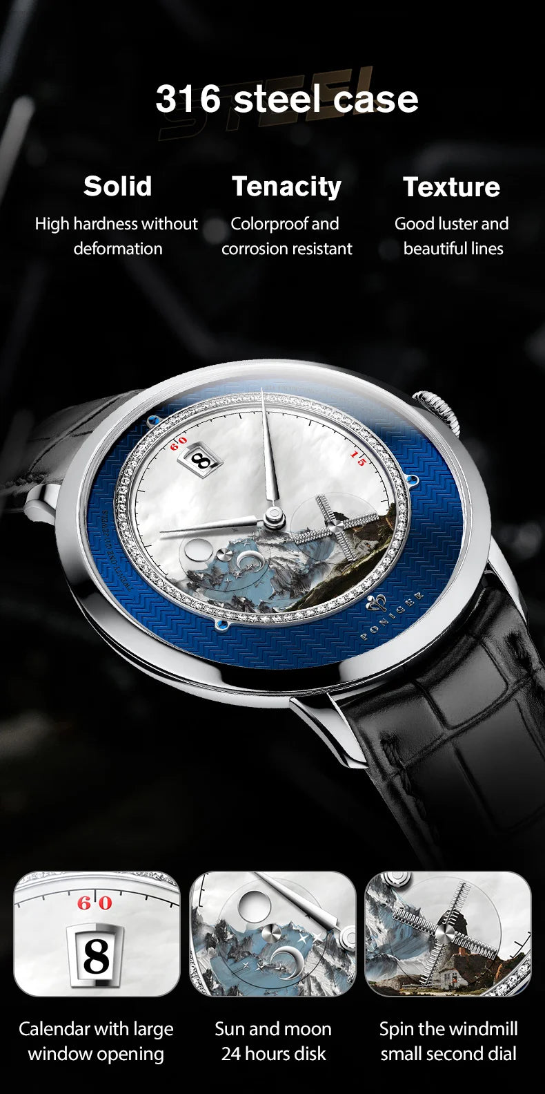 PONIGER Luxury Men's Watch Japanese Automatic Movement Landscape Painting Design Stainless Steel Waterproof Multifunction Clock