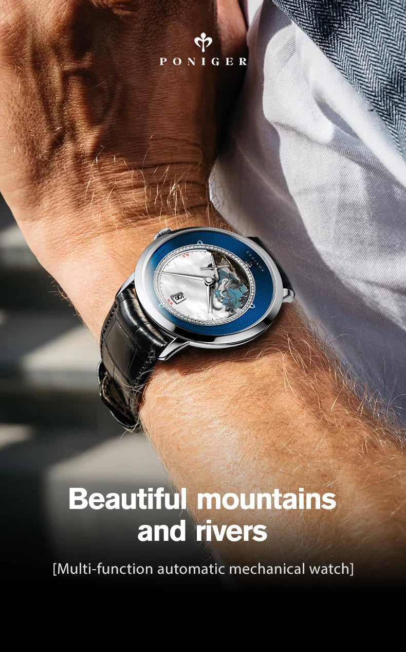 PONIGER Luxury Men's Watch Japanese Automatic Movement Landscape Painting Design Stainless Steel Waterproof Multifunction Clock