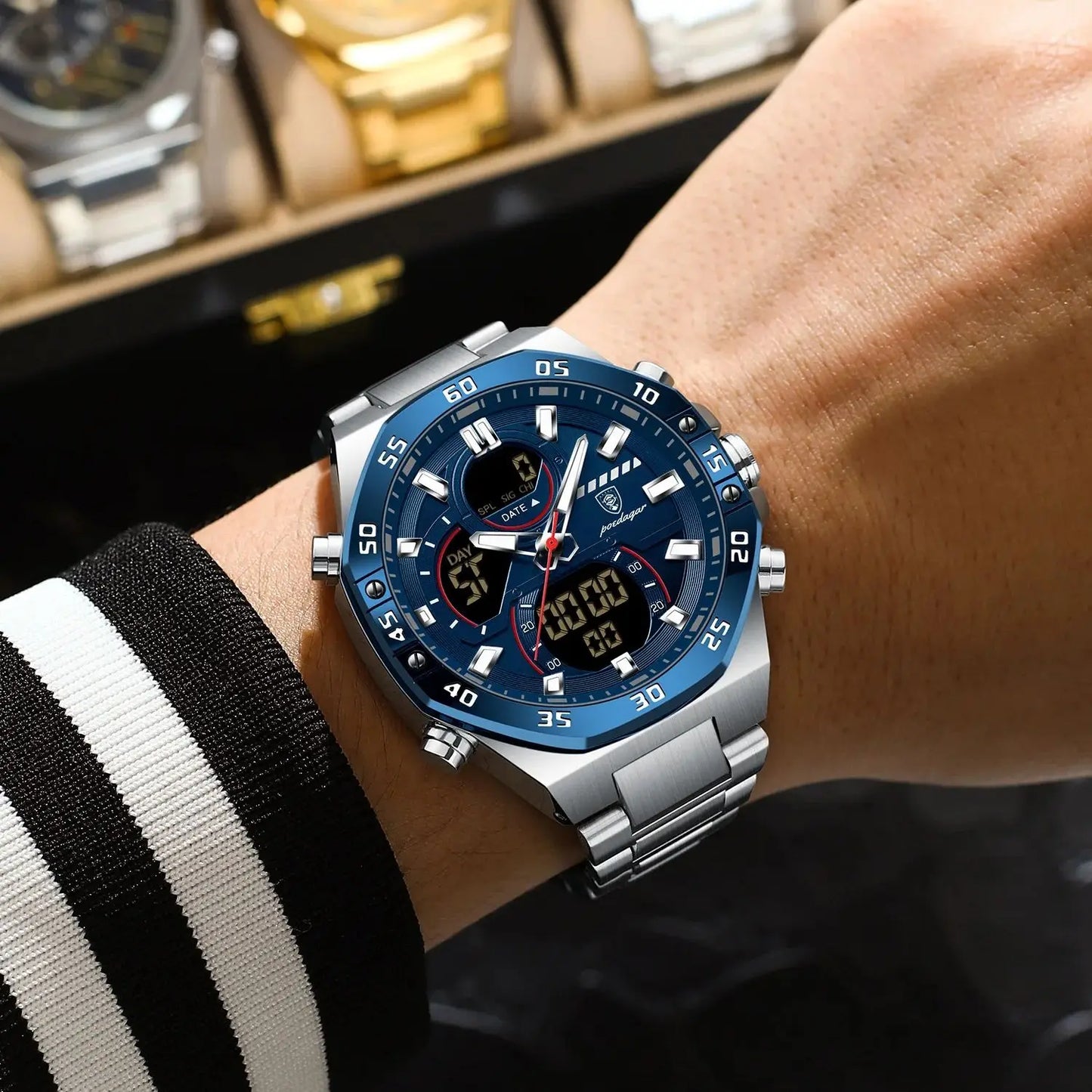 POEDAGAR Original Sports Men Wristwatch Week Date Waterproof LED Quartz Man Watch Stainless Steel Military Digital Men's Watches