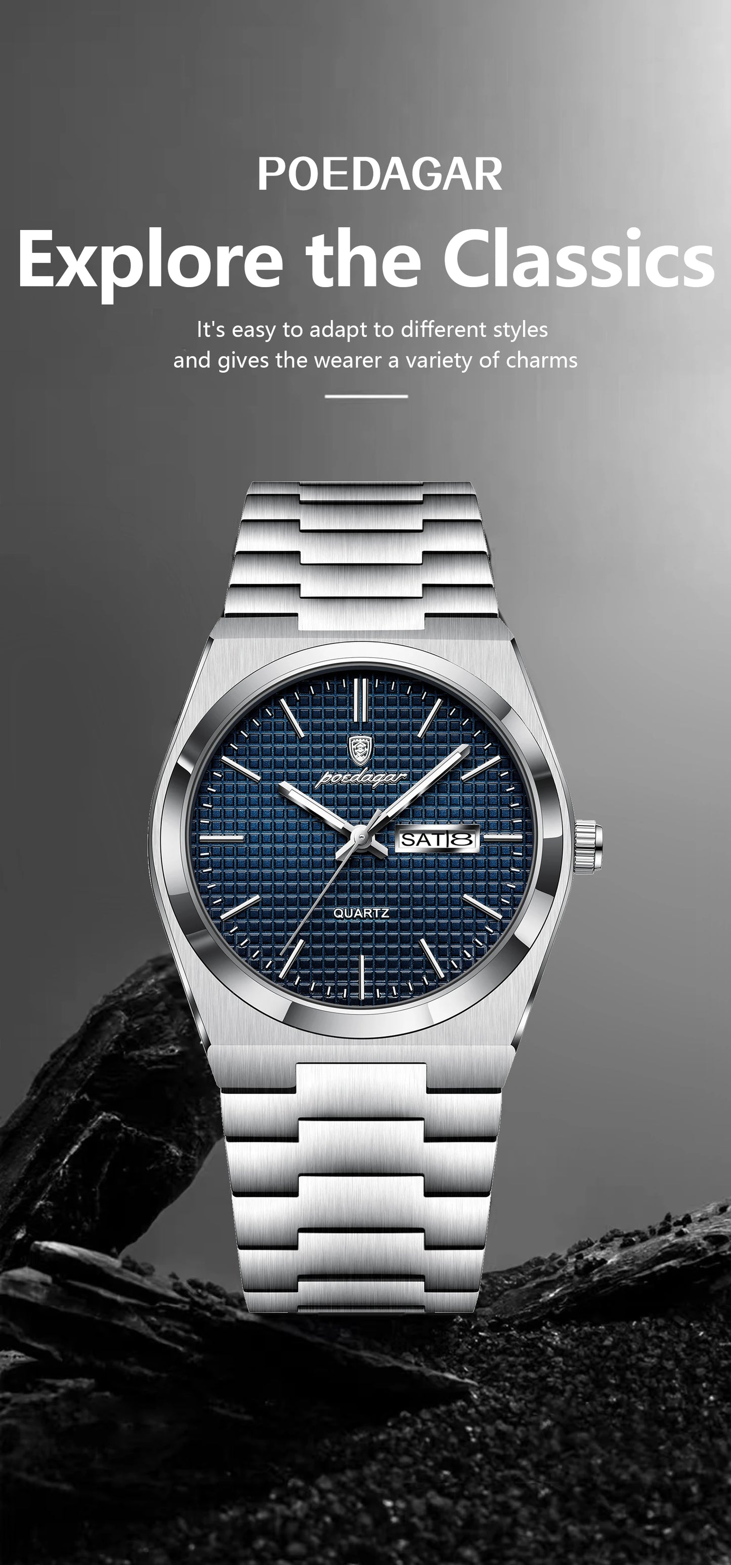 POEDAGAR Top Luxury Man Watch Waterproof Stainless Steel Men Wristwatch Luminous Date Week Fashion Business Quartz Men's Watches