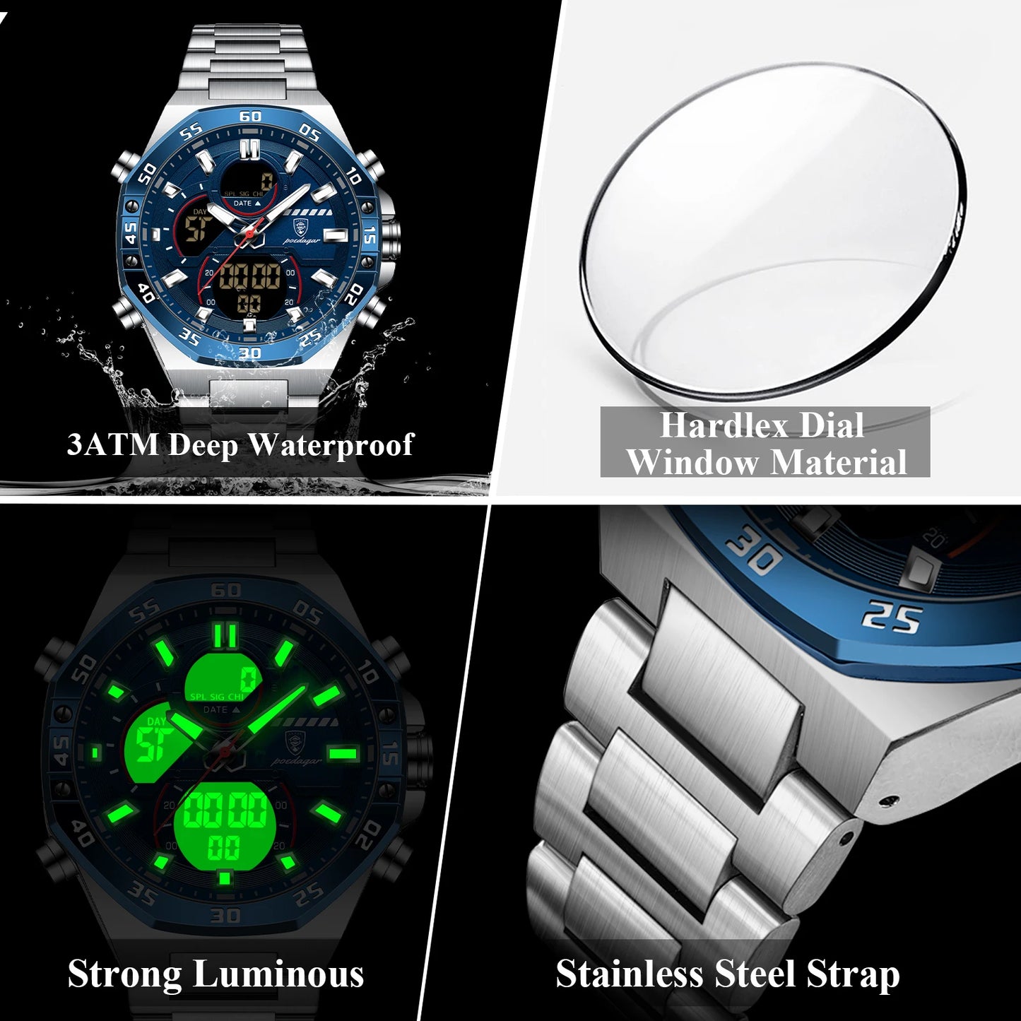 POEDAGAR Original Sports Men Wristwatch Week Date Waterproof LED Quartz Man Watch Stainless Steel Military Digital Men's Watches