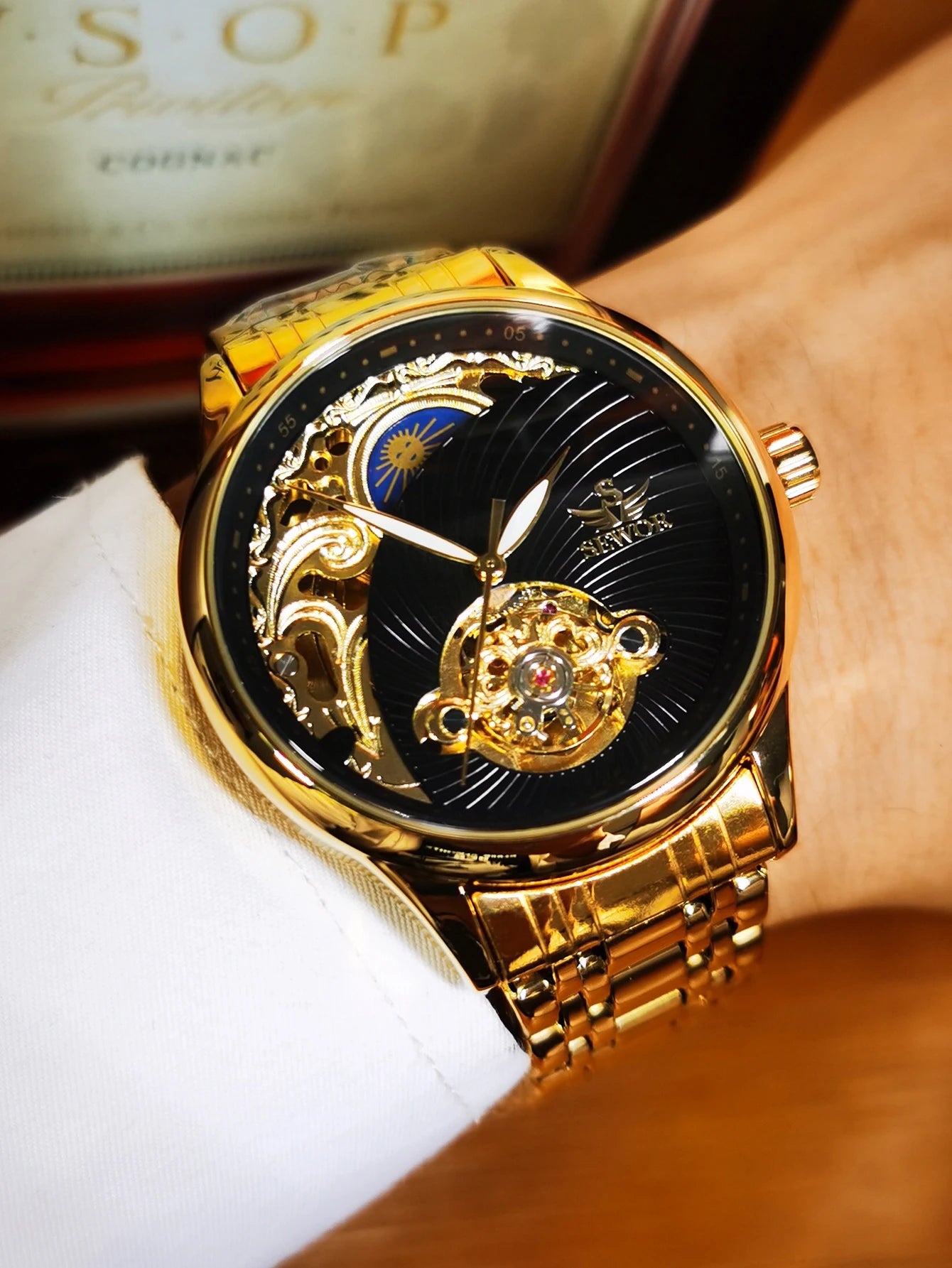 AOKULASIC Gold Skeleton Mens Watch Retro Moon Phase Tourbillon Automatic Mechanical Watches Luxury Stainless Steel Band Luminous
