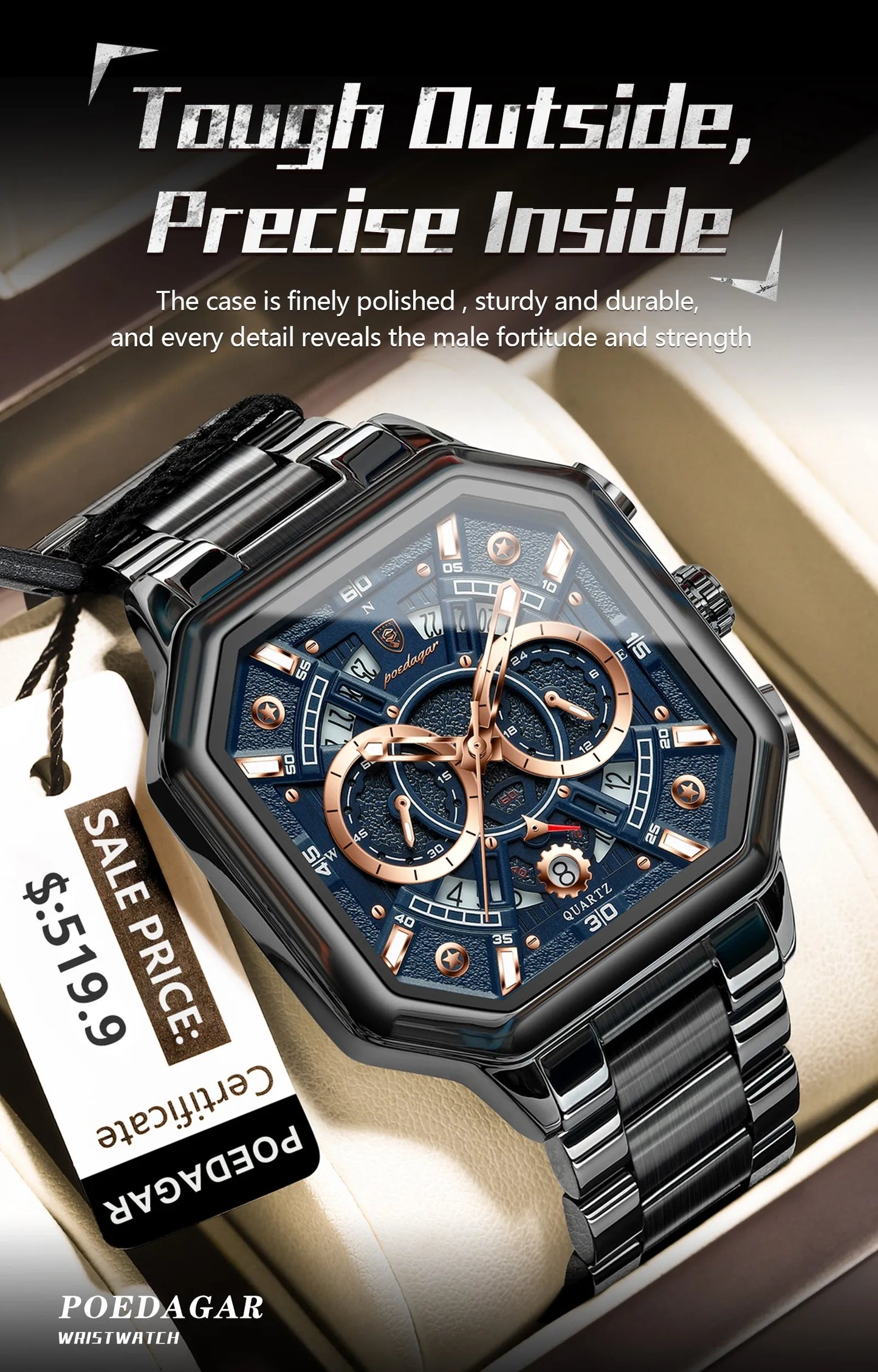 POEDAGAR Luxury Men's Quartz Clock Waterproof Luminous Chronograph Date Man Watch Stainless Steel Fashion Sports Watches For Men