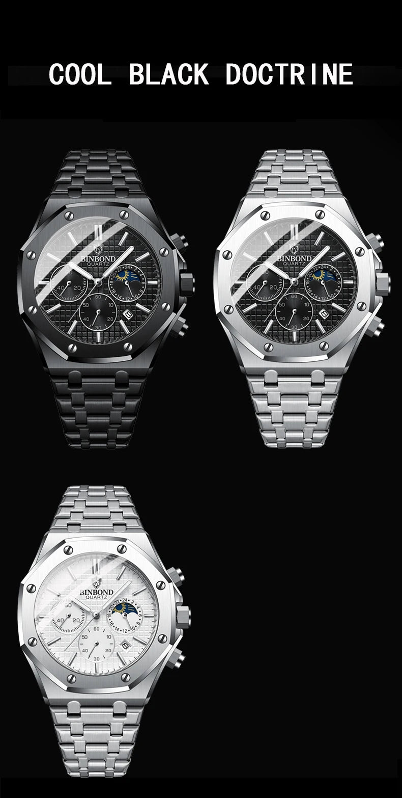 BINBONG B0161 Top Brand Man Business Quartz Watch Chronograph Wristwatch Stainless Steel Strap 30M Waterproof Luxury Men Watch