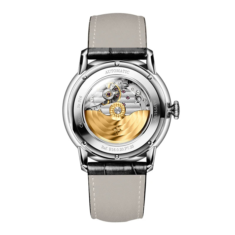 PONIGER Luxury Men's Watch Japanese Automatic Movement Landscape Painting Design Stainless Steel Waterproof Multifunction Clock