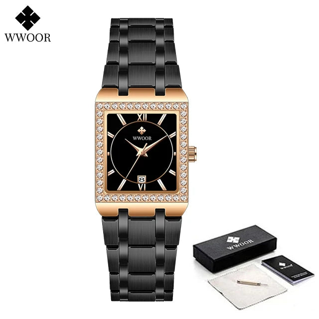 WWOOR Reloj New Fashion Ladies Diamond Watch Top Brand Luxury Square Wrist Watch Simple Women Dress Small Watch Relogio Feminino