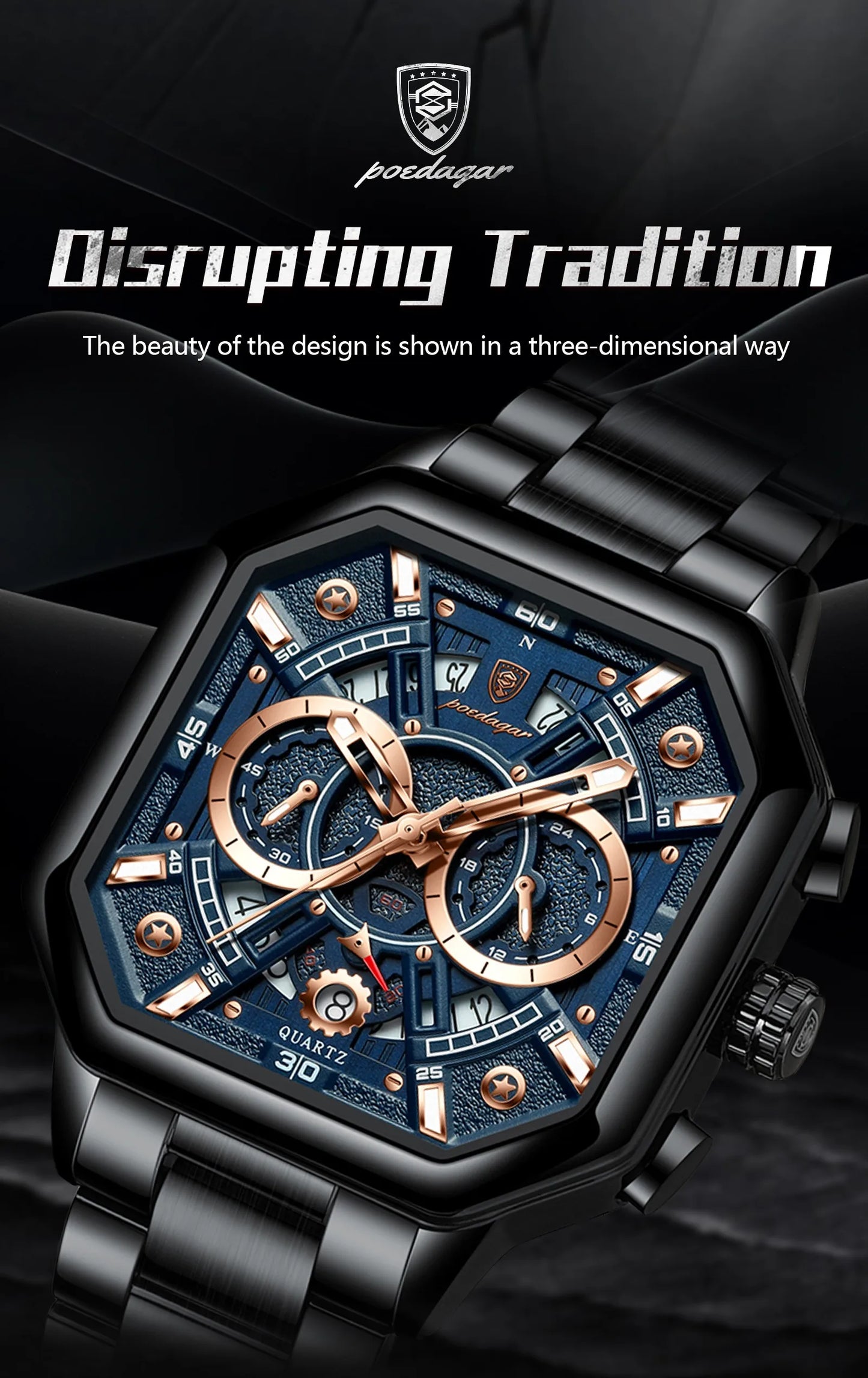 POEDAGAR Luxury Men's Quartz Clock Waterproof Luminous Chronograph Date Man Watch Stainless Steel Fashion Sports Watches For Men